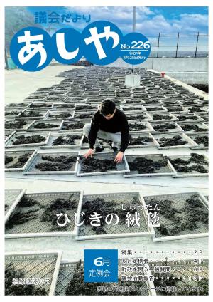 議会だよりあしや226号表紙の写真　柏原漁港で若い漁業者が地面一面に並べて干しているひじきの様子を見ている写真